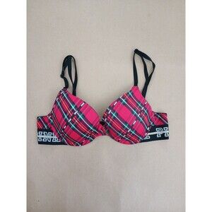 PINK Victoria's Secret Bra 34A Red Plaid Push Up Wear Everywhere Lightly Lined